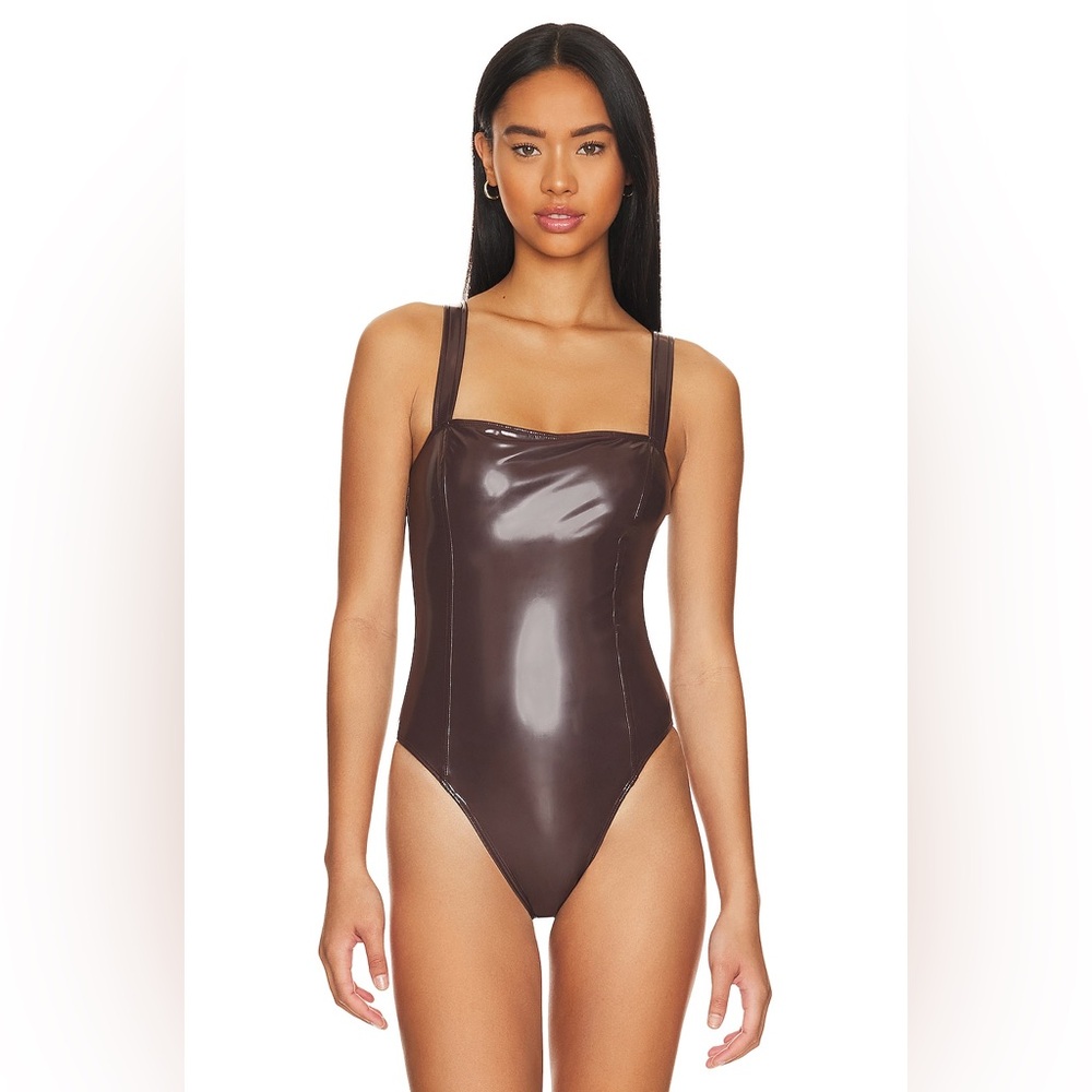 Good American NWT Vinyl Corset Bodysuit Dark Cocoa Size 1